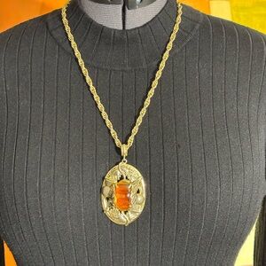 Vintage Whiting & Davis Gold Tone Chain Thistle Pendant with Amber Glass Setting